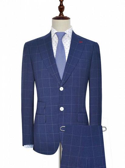 Three Flap Pocket Peak Lapel Mens Suits | Two Buttons Check Pattern Navy Suits for Men_2