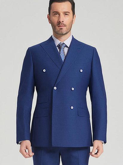 Elegant Blue Double Breasted Suits for Men | Peak Lapel Three Flap Pockets Mens Suits_2
