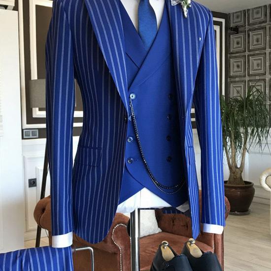 Marvin Trendy Blue Striped 3-pieces Peaked Lapel Formal Men Suits