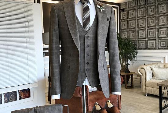 Felix Formal Small Plaid Peaked Lapel Bespoke Slim Fit Men Suits_2