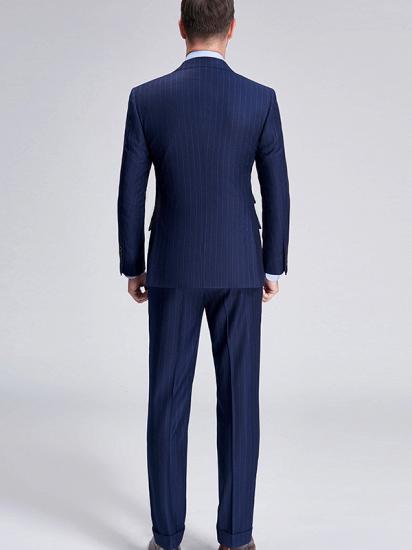 Elegant Light Grey Stripes Flap Pockets Navy Blue Mens Suits for Formal_3