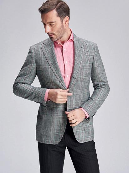 Casual Green Plaid Patch Pocket Grey Mens Business Suit Blazer Jacket