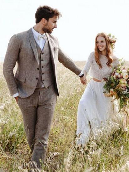 Khaki Linen Summer Beach Mens Classic Suits | 2020 Groom Wedding Tuxedos with 3 Pieces_5