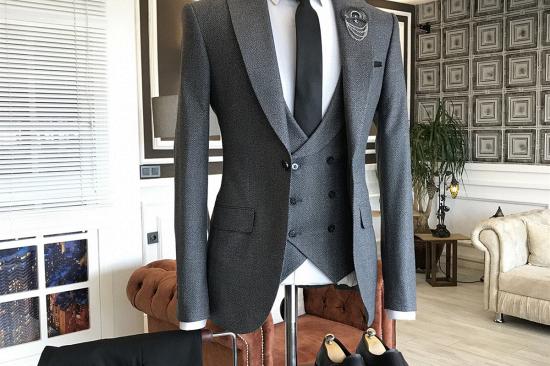Barnett Trendy Gray Small Plaid 3-Pieces Peaked Lapel One Button Business Suits For Men_2