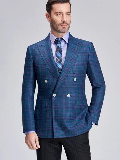 Formal Peak Lapel Plaid Double Breasted Blue Mens Blazer Jacket for Business_1