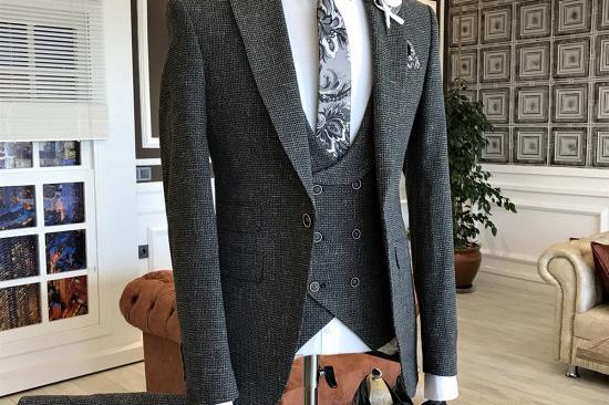 Otis Classic Dark Gray Small Plaid Peaked Lapel Double Breasted Waistcoat Business Suits_2