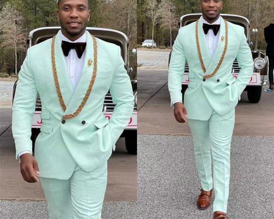 Conor Mint Green Fashion Shawl Lapel Double Breasted Wedding Suits with Appliques_2