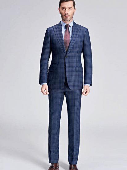 Small Checked Pattern Gentle Mens Suits | Peak Lapel Blue Suits for Men_3