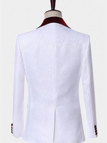White Jacquard Men Suits with Burgundy Lapel | Floral Tuxedo_2